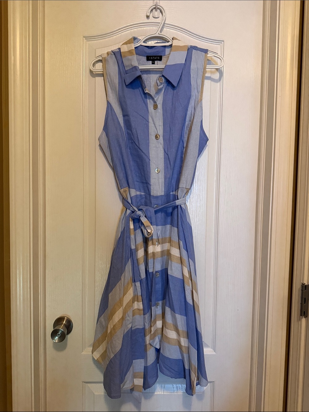 1. State Blue and Tan Striped Midi Shirt Dress with Waist Tie